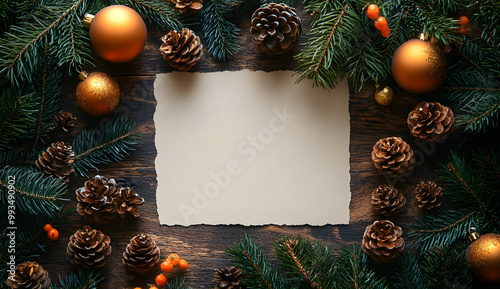 A Blank Sheet of Paper on the Table, Christmas Tree Branches Nearby 