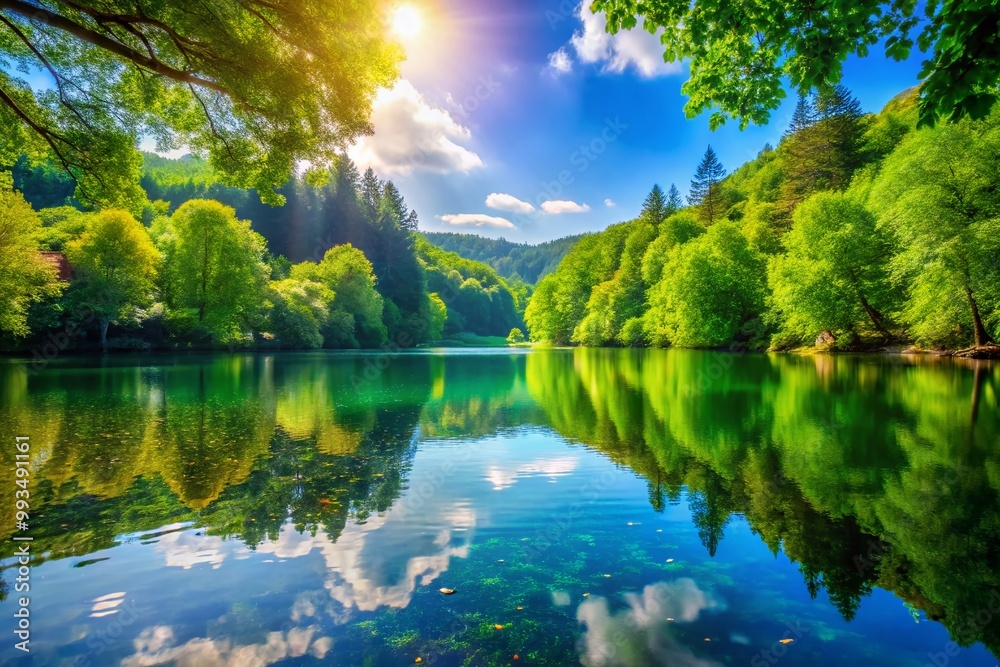 Fototapeta premium Serene Lake Woodlands Surrounded by Lush Green Trees and Reflective Water Under Clear Blue Sky