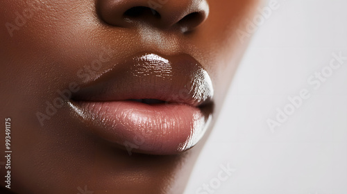 Close up view of beautiful black skin woman lips. Fashion make up, beauty injections concept, cosmetology