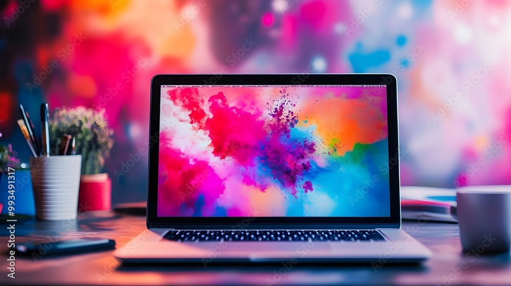 Vibrant Digital Creativity Showcased on Laptop Screen with Abstract Shapes