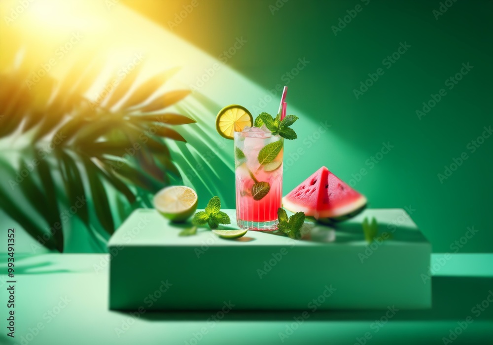 Fototapeta premium A refreshing summer drink with watermelon, lime and mint on a green background, with sunlight shining through.