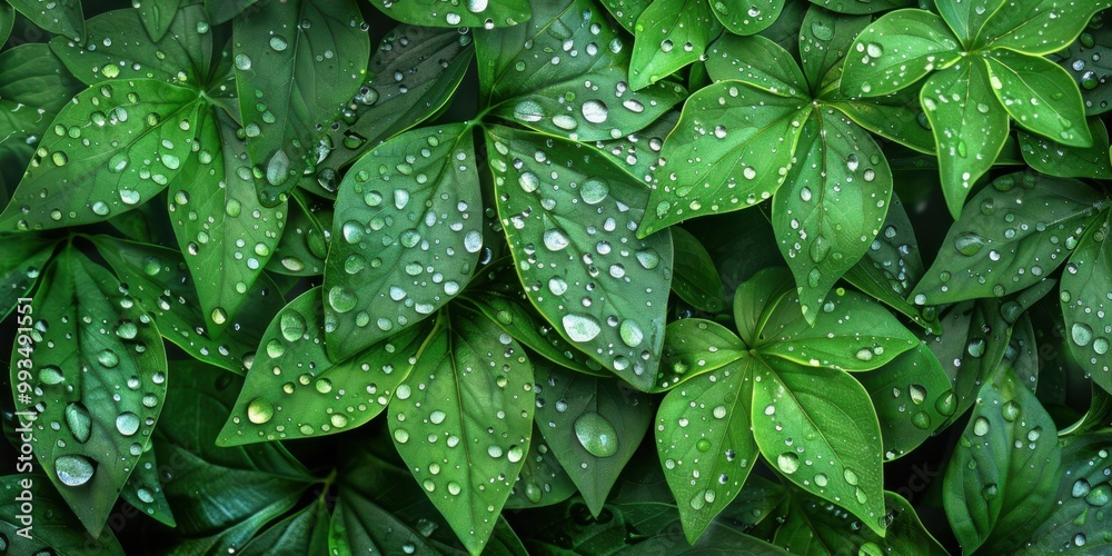 Fototapeta premium A close-up of leaves with water droplets clinging to them