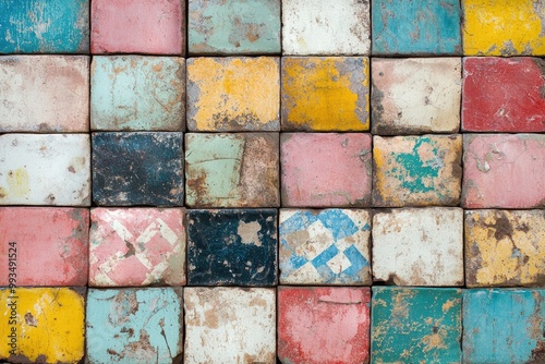 Mosaic tile texture with vibrant, mismatched patterns and worn, faded colors photo