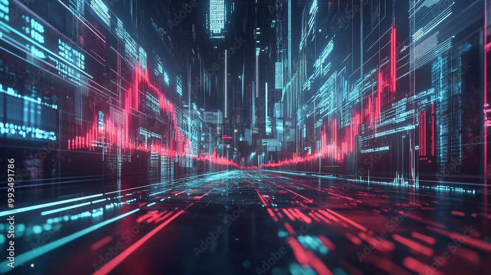 Fototapeta premium Digital Decline: Holographic Business Crisis in a Dark Tech World - Concept of Price Drop and Futuristic Financial Impact