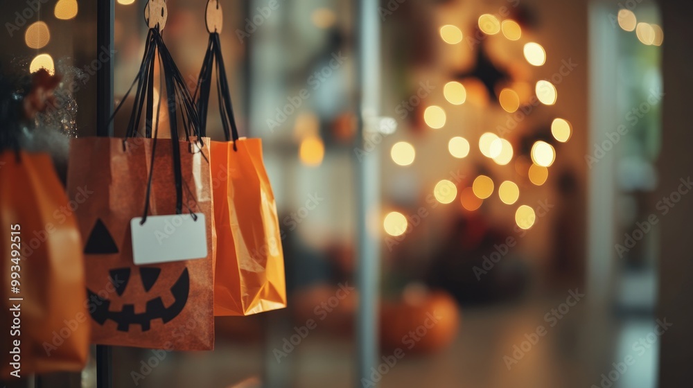 An empty scene featuring a blurred background with soft-focus trick-or-treat bags and a blank hanging tag, creating an ideal product mockup space, An empty scene featuring a blurred background with soft-focus trick-or-treat bags and a blank hanging tag, creating an ideal product mockup space,
