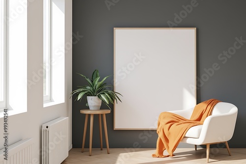 white mockup frame, interior Red and blue walls shelving, geometric shapes, plants, and natural light flow photo