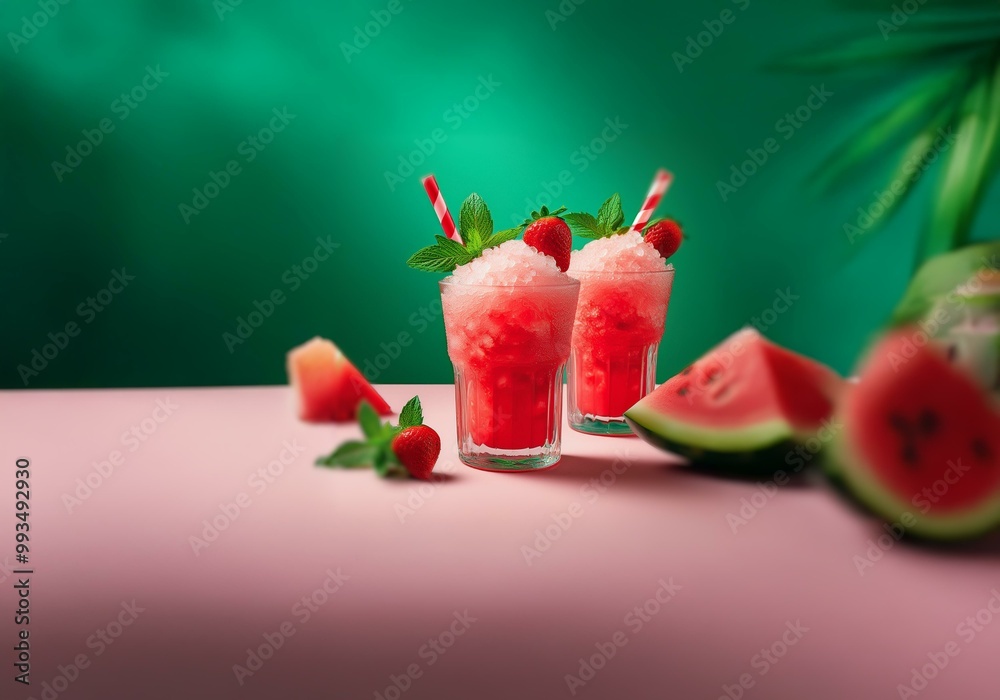 Two glasses of pink slush with sliced watermelon and strawberries on a pink surface. Two glasses of pink slush with sliced watermelon and strawberries on a pink surface.