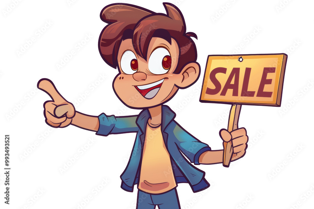 Cheerful boy holding a sale sign promoting a discount event Cheerful boy holding a sale sign promoting a discount event