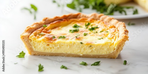 Delicious vegetarian quiche with a golden crust, creamy filling, and fresh herbs garnished on top, perfect for brunch or a light meal.