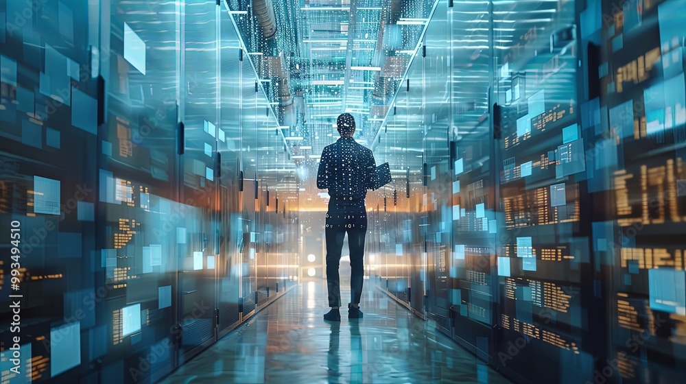 An individual observing and maintaining servers in a high-tech data ...
