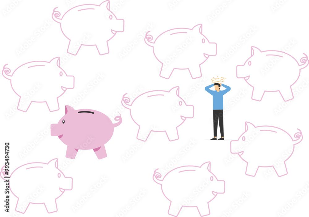 Obraz premium Smart businessman decides business, finding new pig piggy bank. Investing money. Vector illustration concept.