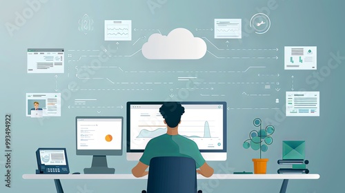 This image depicts an office workspace equipped with multiple monitors and analysis tools for cloud computing, emphasizing the importance of data-driven decision-making in a digital environment. photo