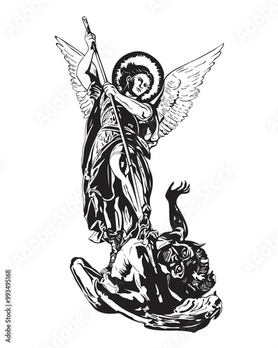 Saint Michael the archangel fighting with the devil Illustration Catholic Religious vector