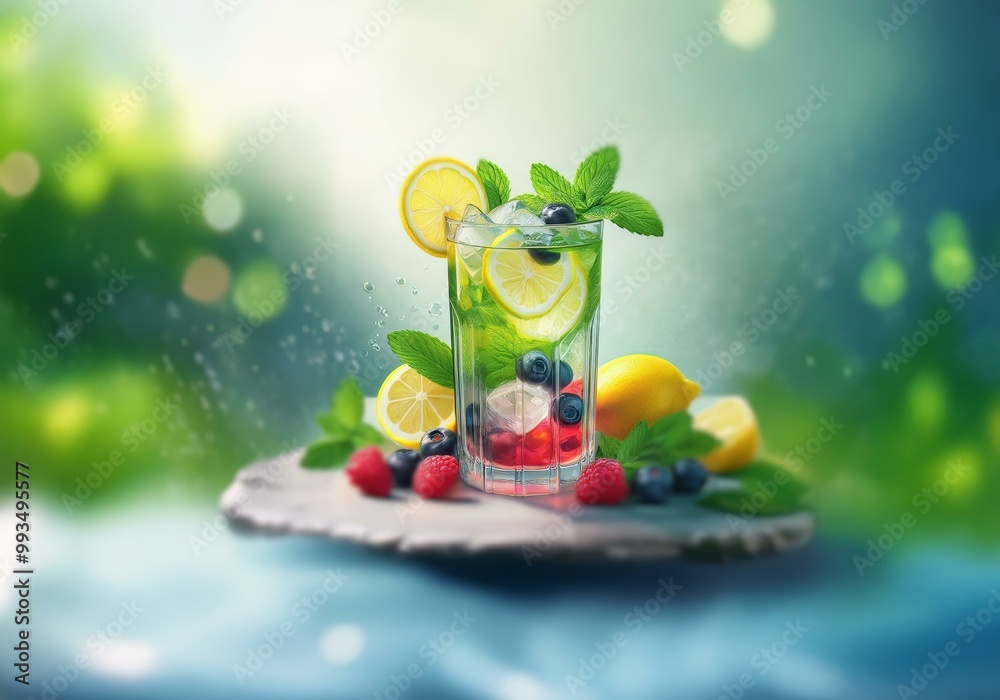 A glass of fresh lemonade with lemon slices, blueberries, mint leaves and ice. A glass of fresh lemonade with lemon slices, blueberries, mint leaves and ice.