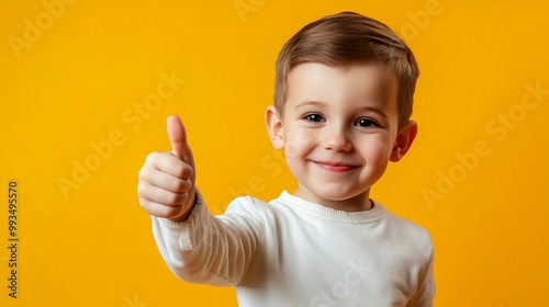 A young boy with brown hair smiles and gives a thumbs up. He is wearing a white shirt.