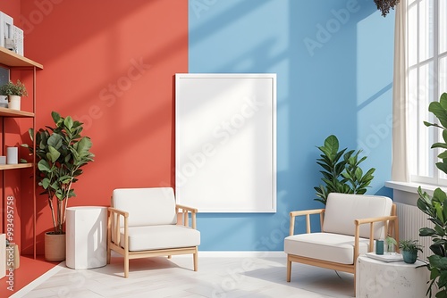 white mockup frame, interior Red and blue walls shelving, geometric shapes, plants, and natural light flow photo