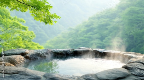 Serene and tranquil hot spring surrounded by lush greenery, perfect for relaxation and rejuvenation in nature's embrace.