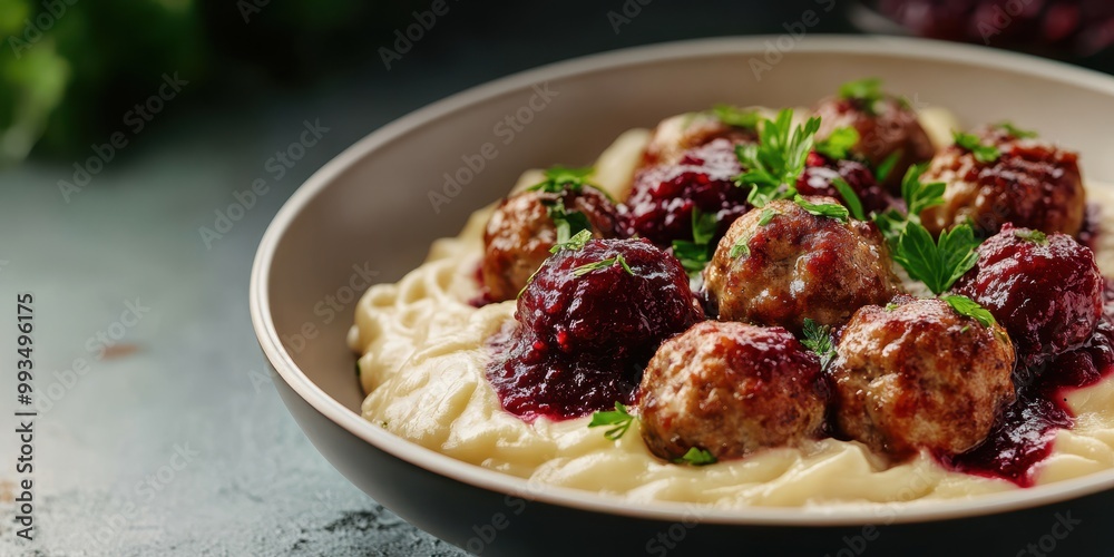 Savory meatballs served on a creamy sauce with a garnish of fresh herbs, perfect for a cozy meal or family gathering. Savory meatballs served on a creamy sauce with a garnish of fresh herbs, perfect for a cozy meal or family gathering.