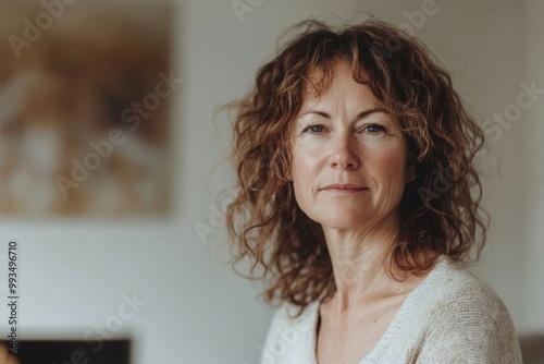 A confident woman with curly hair looking thoughtfully at the camera in a cozy, modern room. Natural light enhances the calm atmosphere.