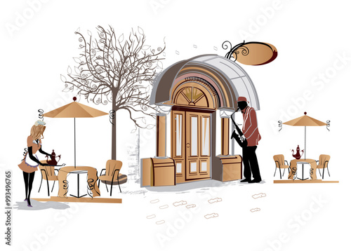 Series of the street cafes with fashion people, men and women, jazz musicians in the old city, vector illustration. Waiters serve the tables. 