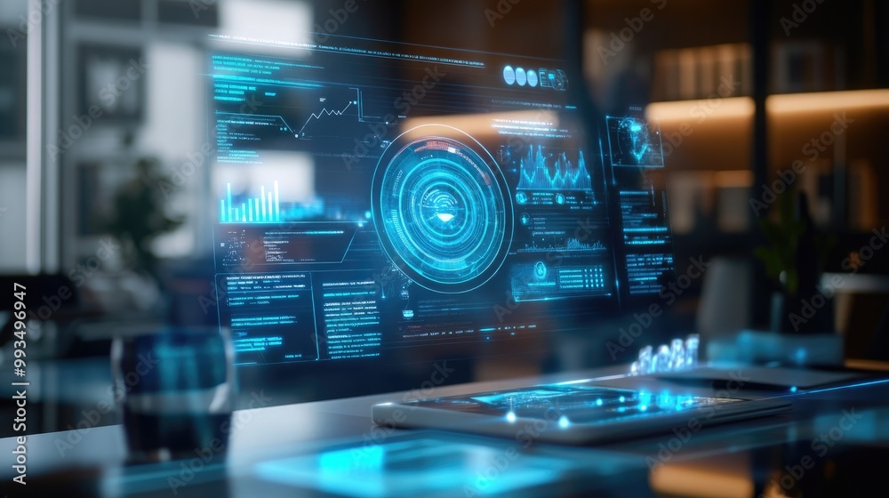 A holographic digital assistant floating above a desk, offering real-time assistance and information. A holographic digital assistant floating above a desk, offering real-time assistance and information.