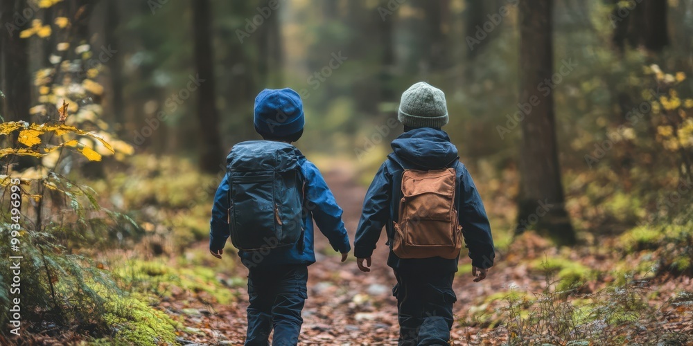 Fototapeta premium Two children walk hand in hand through a serene forest, exploring nature on an adventure together.