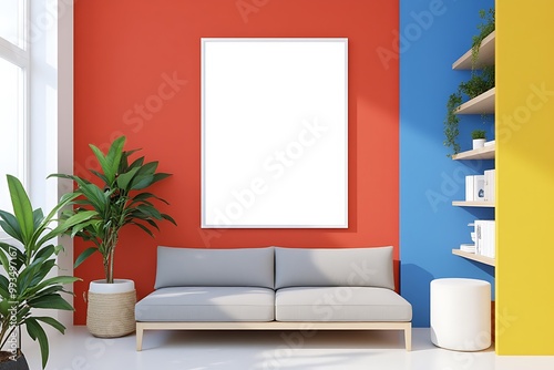 white mockup frame, interior Red and blue walls shelving, geometric shapes, plants, and natural light flow photo