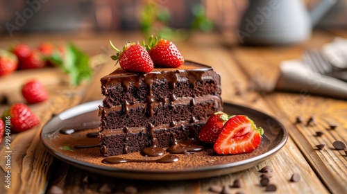 Delicious chocolate cake with fresh strawberries and chocolate sauce on a wooden table