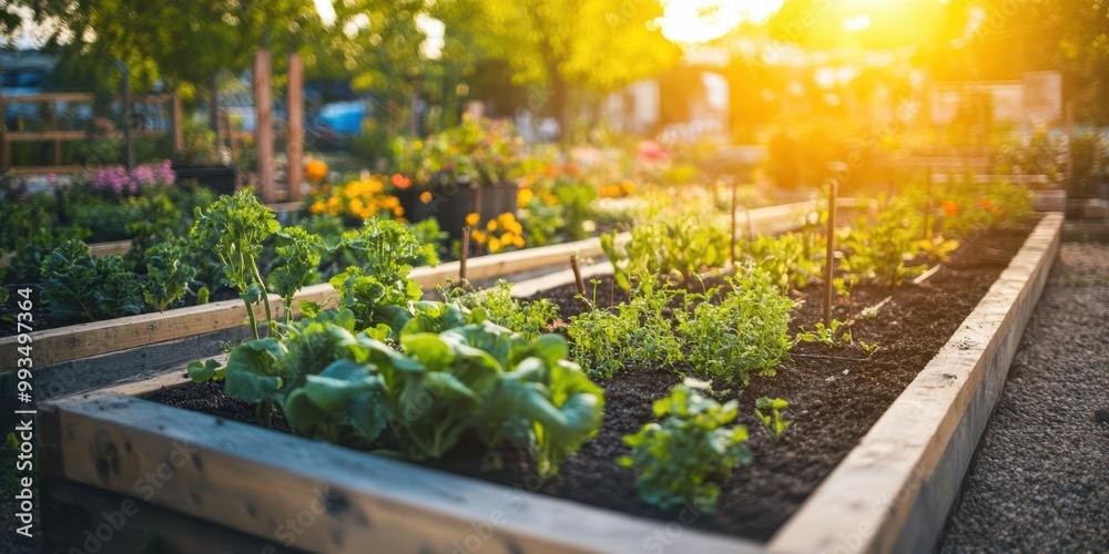 Vibrant garden beds under warm sunlight, showcasing healthy plants and a serene atmosphere, perfect for nature lovers. Vibrant garden beds under warm sunlight, showcasing healthy plants and a serene atmosphere, perfect for nature lovers.
