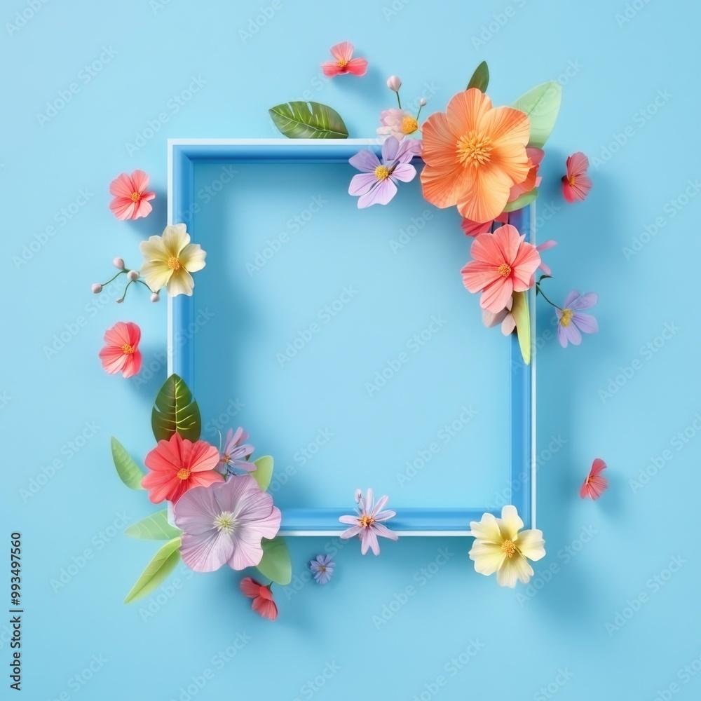 A colorful square frame with flowers on a light blue background. A colorful square frame with flowers on a light blue background.