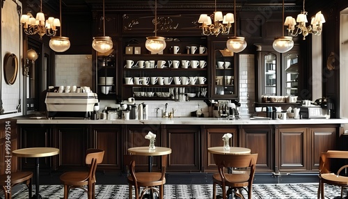 interior Create a traditional European-style coffee house with dark wood furniture, vintage chandeliers, and marble countertops. Use classic cafe decor, with black-and-white tiles and elegant, timeles photo