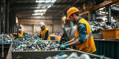 Workers sorting recyclable materials in a processing facility, promoting environmental sustainability and efficient waste management.