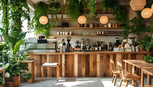 a sustainable, eco-friendly coffee shop with reclaimed wood furniture, recycled decor, and plenty of greenery. Use natural light and eco-conscious materials for a space that emphasizes sustaina photo