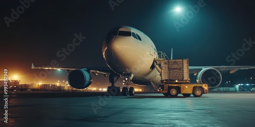 A cargo plane at night illuminated by lights, showcasing aviation logistics and airport operations in a vibrant urban environment.