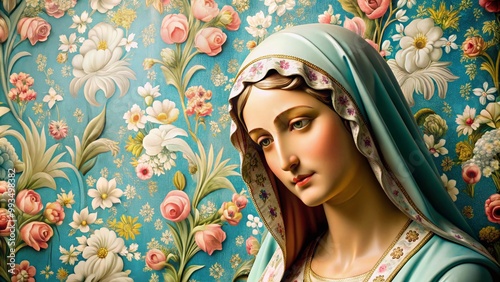 Serene Mother Mary Wallpaper Design with Soft Colors and Elegant Patterns for Spiritual Decor Inspiration