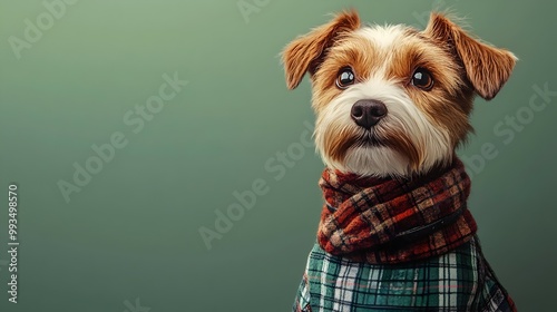 Adorable Anime-Style Dog Wearing Scottish Kilt and Sporran on Plain Green Background photo