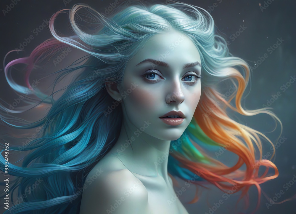 Fototapeta premium An image of a woman with flowing vibrant rainbow hair colors
