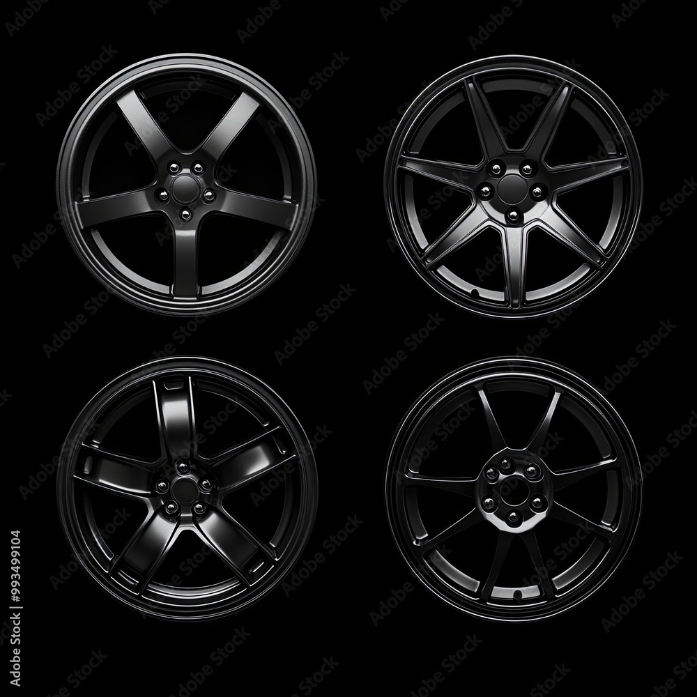 Fototapeta premium Collage of Four car rims isolated on black background.