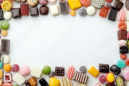 A variety of traditional candies like licorice and toffees on a blank background with ample space for text, perfect for commercial use. The intricate details and rich colors are prominent. photo