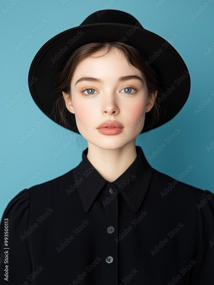 classic portrait of woman in black hat and collar shirt against blue background classic portrait of woman in black hat and collar shirt against blue background