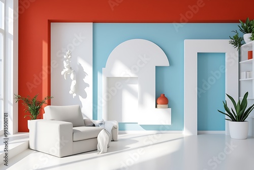 white mockup frame, interior Red and blue walls shelving, geometric shapes, plants, and natural light flow photo