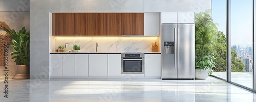 Frontal view of sleek, minimalist smart kitchen blending high-tech appliances with warm, inviting decor, vibrant colors photo