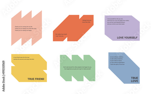 Set of frame graphic illustrations in simple and minimal style. Design templates with typography on geometric and abstract shapes.