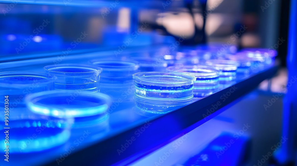 Futuristic Biotech Lab with Genetically Modified Organisms Growing in Petri Dishes under Blue Light Futuristic Biotech Lab with Genetically Modified Organisms Growing in Petri Dishes under Blue Light