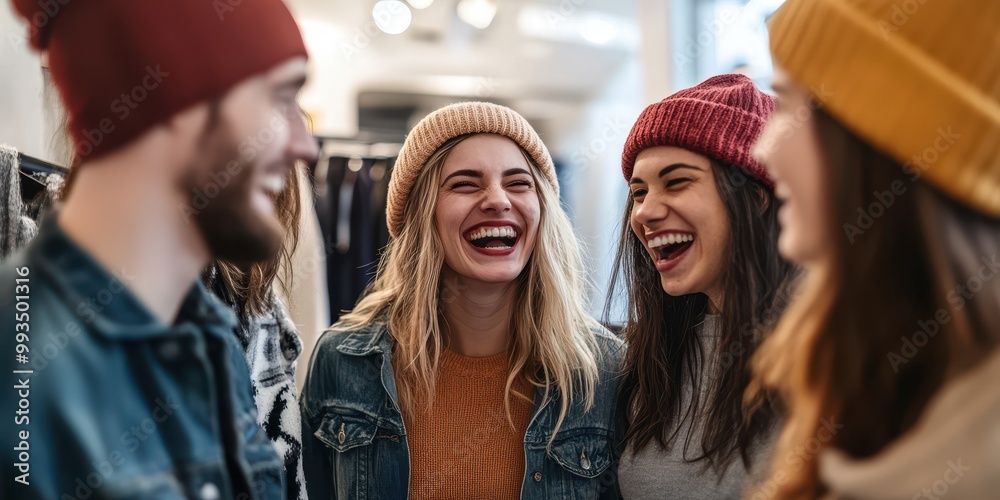 A joyful group of friends laughing together while wearing colorful hats in a cozy setting, capturing warmth and connection. A joyful group of friends laughing together while wearing colorful hats in a cozy setting, capturing warmth and connection.