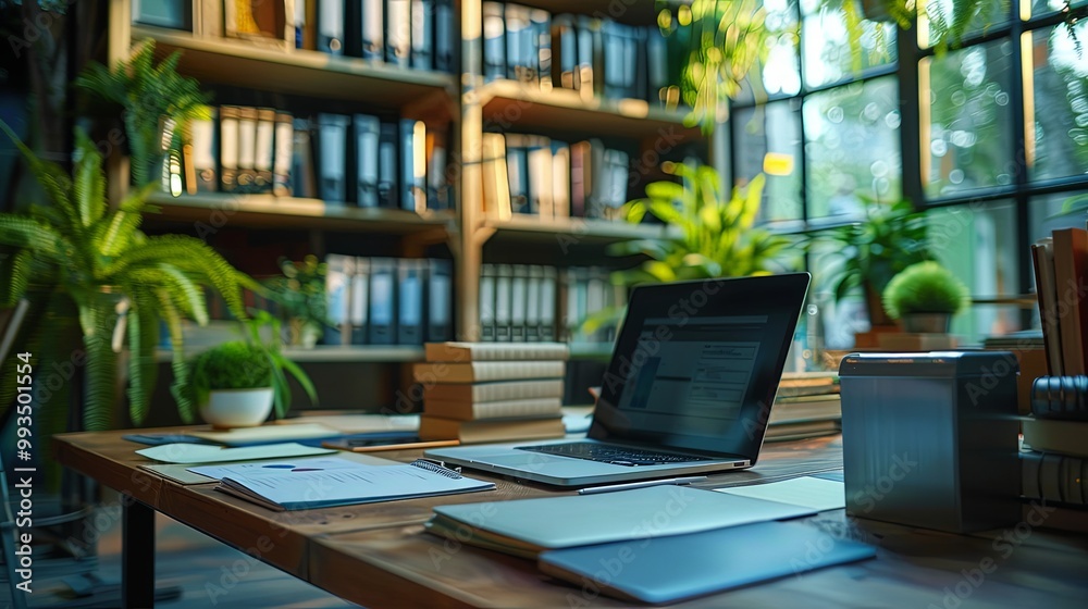 The image showcases a cozy home office environment featuring a laptop on a wooden desk surrounded by books, papers, and lush green plants, suggesting productivity and comfort. The image showcases a cozy home office environment featuring a laptop on a wooden desk surrounded by books, papers, and lush green plants, suggesting productivity and comfort.