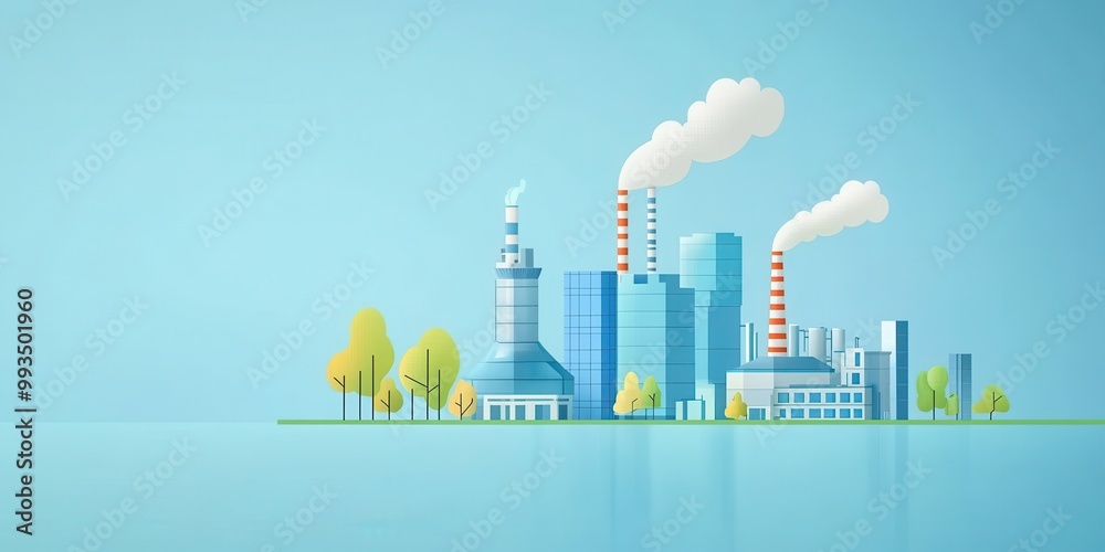 Fototapeta premium A modern industrial landscape featuring factories, skyscrapers, and greenery under a blue sky, symbolizing urban development and progress.