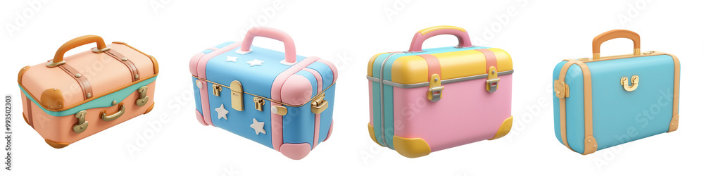 Colorful travel suitcases on a white isolated background. on transparent cutout, PNG file Colorful travel suitcases on a white isolated background. on transparent cutout, PNG file
