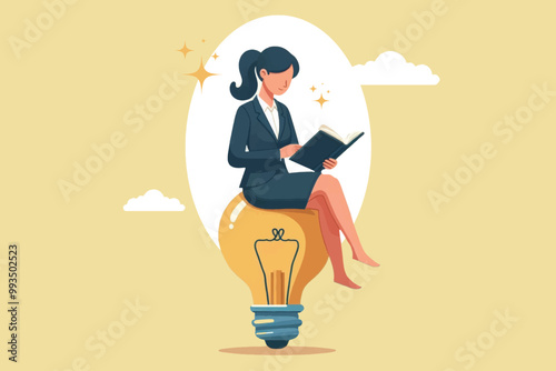 business woman sitting on a light bulb reading a book