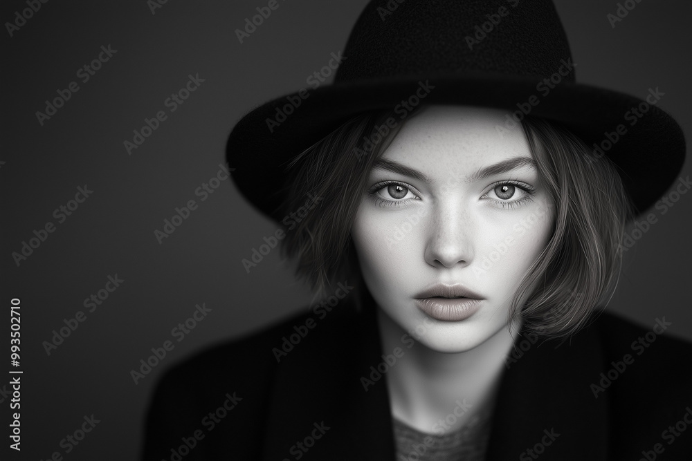 moody fashion portrait of woman in black hat and coat against dark background with soft dramatic lighting moody fashion portrait of woman in black hat and coat against dark background with soft dramatic lighting